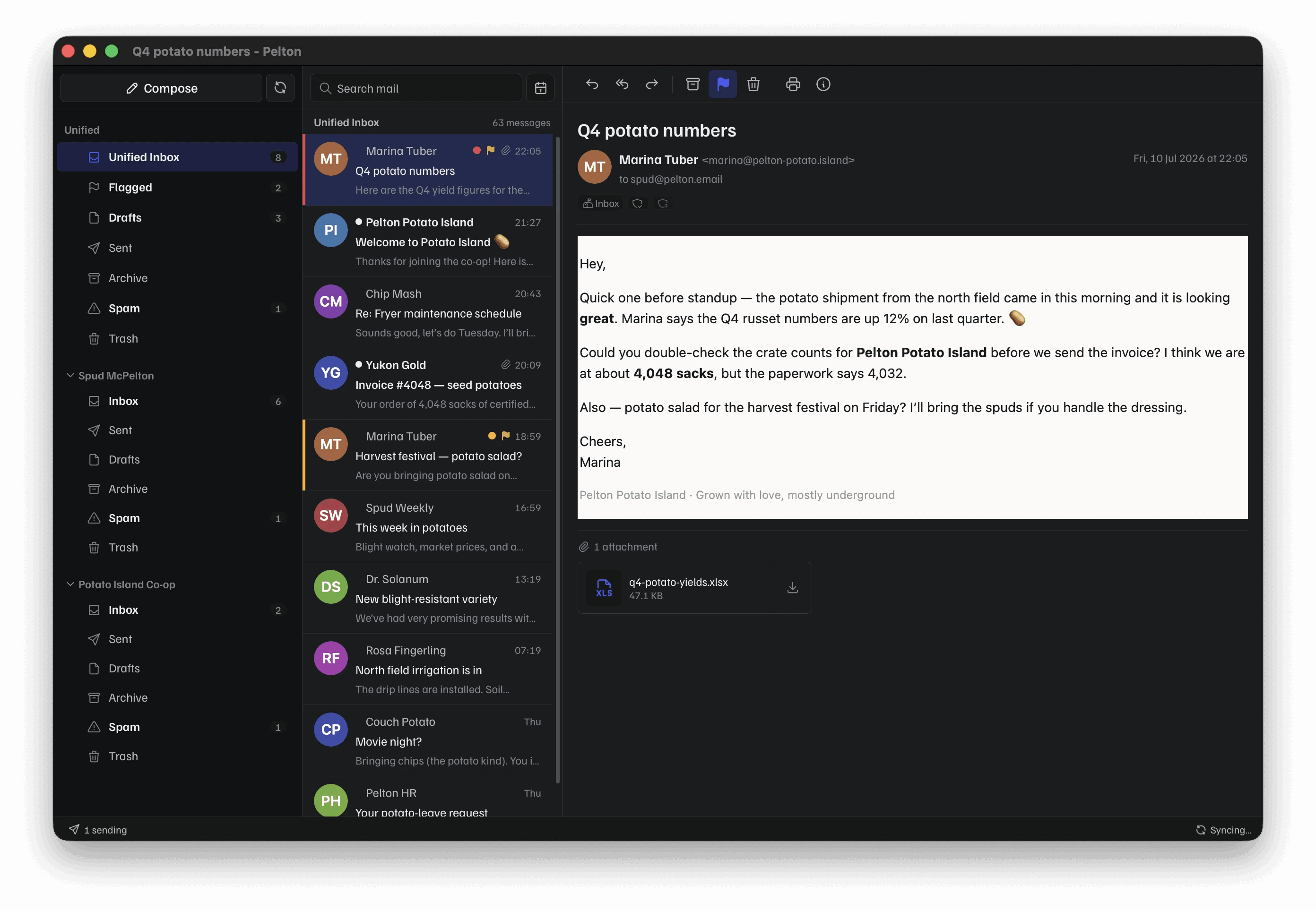 The Pelton window: three accounts in the sidebar, a message list with colored flags, and an open message in the reading pane